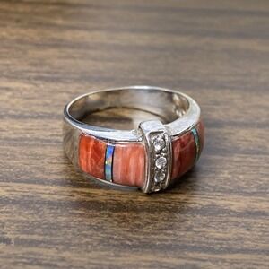 ROX 925 Sterling Silver, Orange/Red Oyster Shell, Opal & CZ Ring / Size 5.75